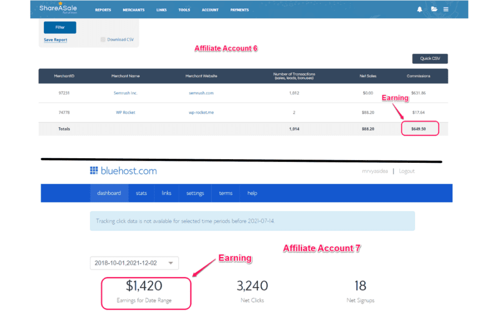 Affiliate earning bluehost and shareasale